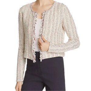 Theory Galinne Speckle Boucle Knit Fringe Sweater Jacket